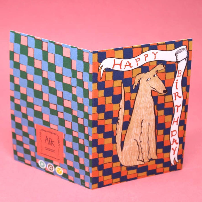 Happy Birthday Checkerboard Dog Wenskaart